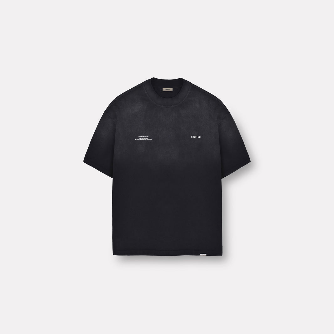 LIMITED. mens oversized front view Ascent graphic t-shirt in Stained Black with white chest branding and signature metal branding to the hem.