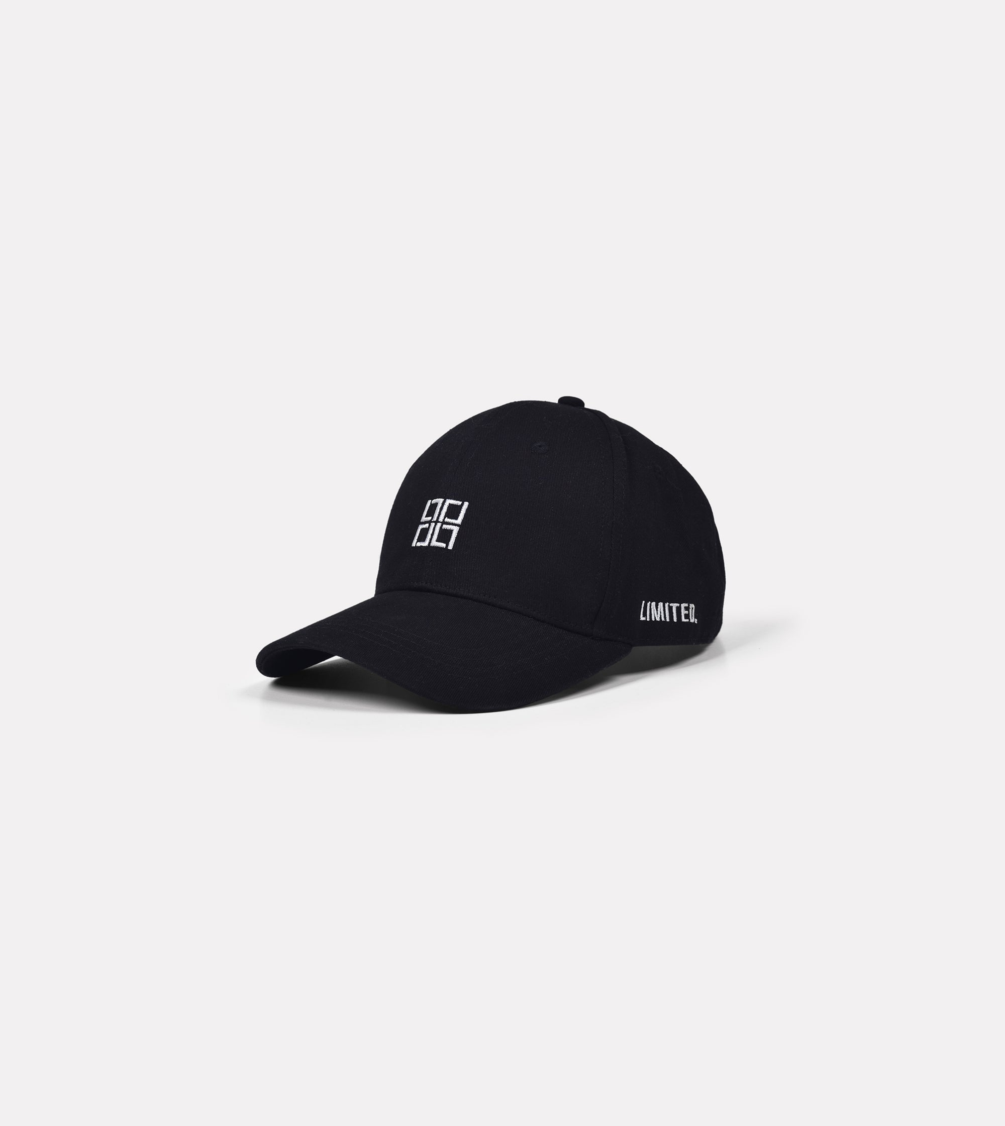 LIMITED. black baseball hat front view with white signature infinity logo and side embroidery LIMITED.