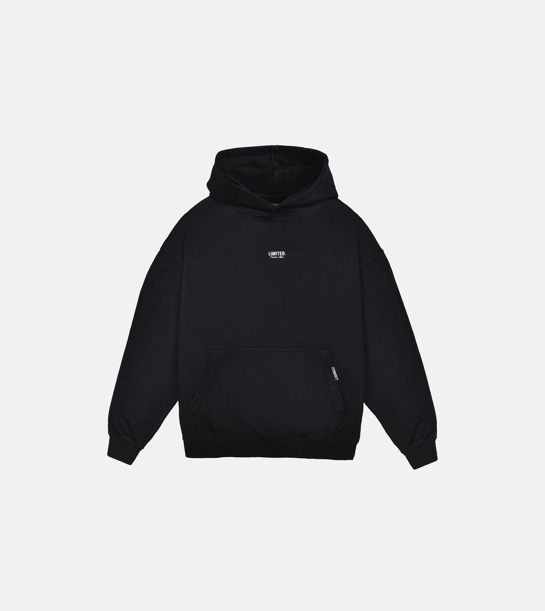 LIMITED. mens oversized front view hoodie in Black with small white logo and kangaroo pocket