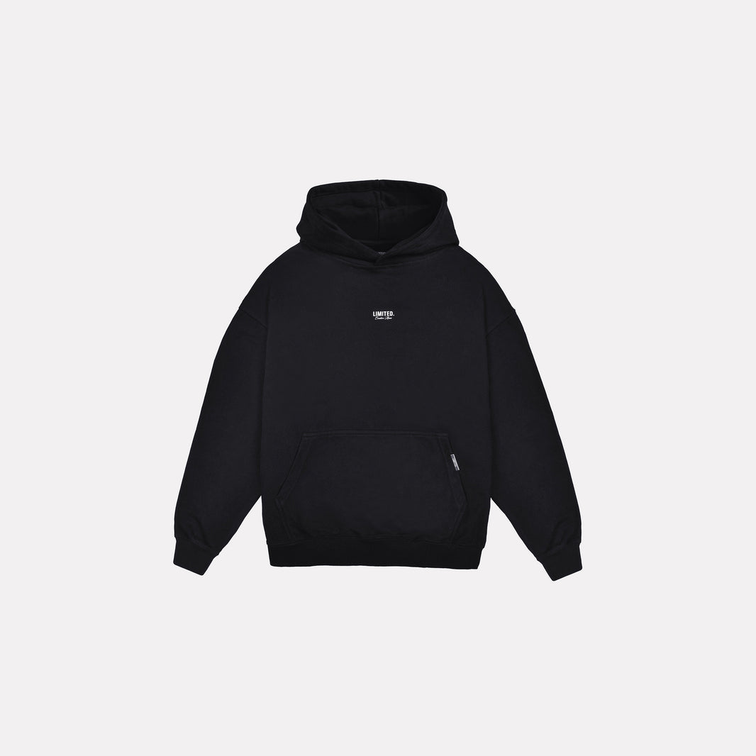 LIMITED. mens oversized front view hoodie in Black with small white logo and kangaroo pocket