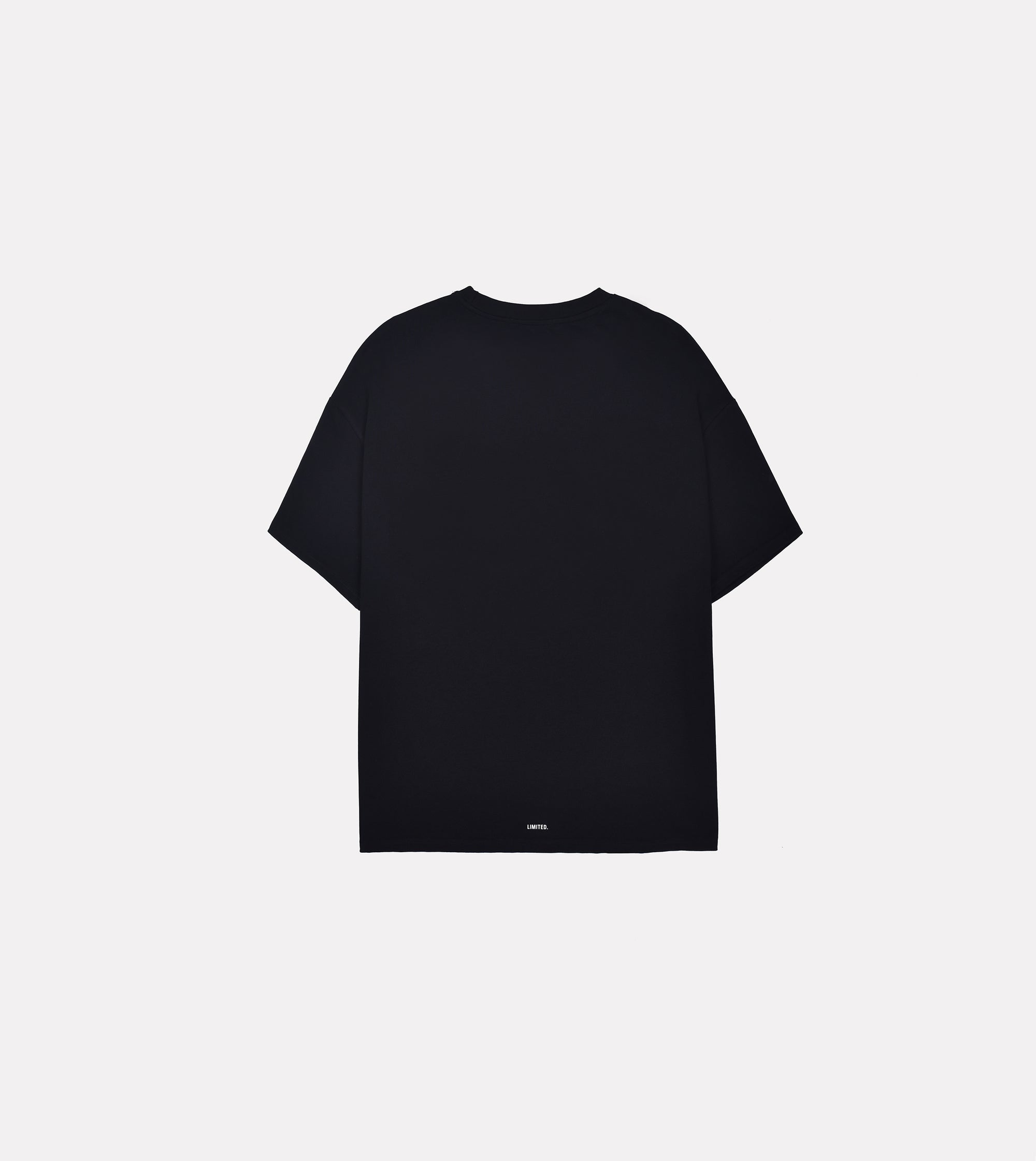 Back view of LIMITED. men's medium fit black t-shirt with minimalist white branding design