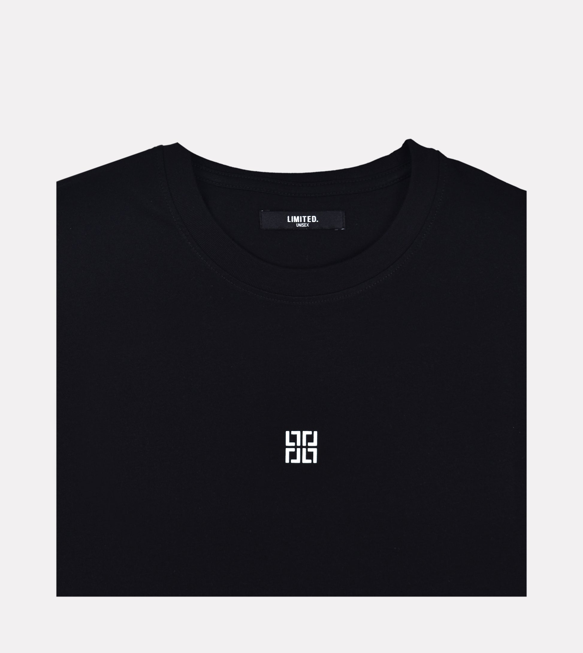 Close-up of LIMITED. men's black t-shirt featuring the SIGNATURE INFINITY logo with white print