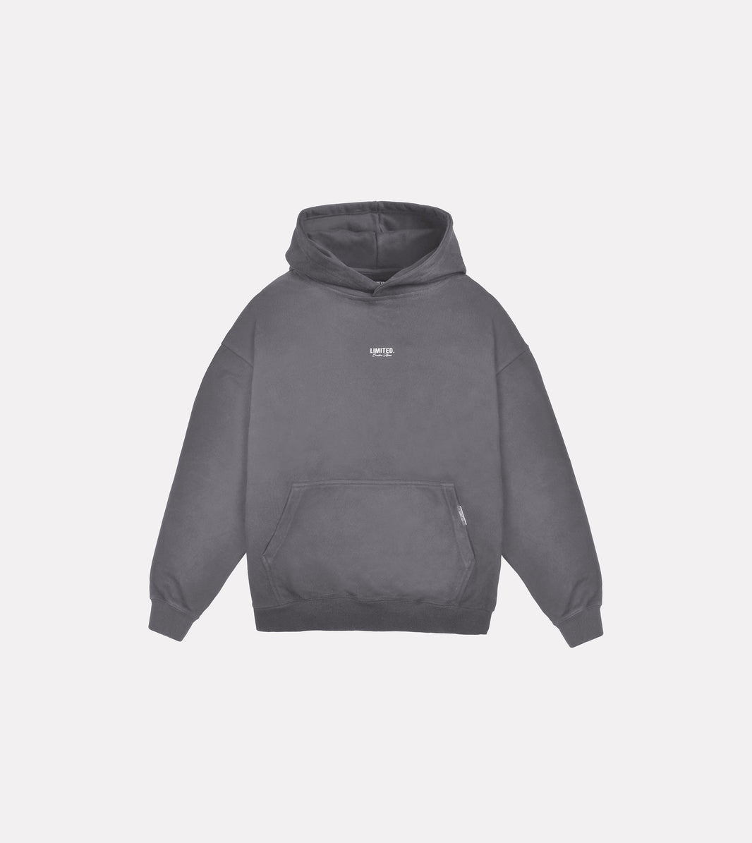 LIMITED. mens oversized front view hoodie in Ultimate Grey with small white logo and kangaroo pocket