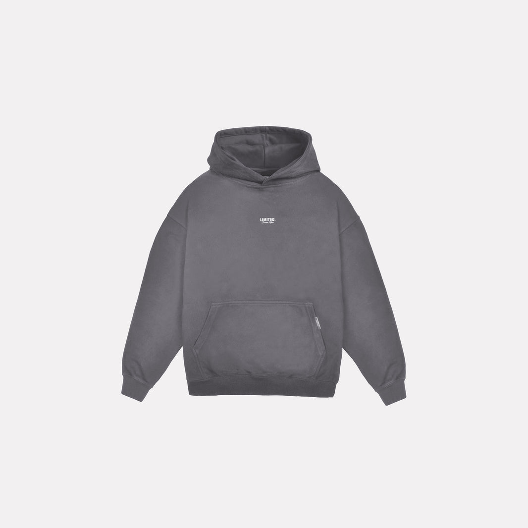 LIMITED. mens oversized front view hoodie in Ultimate Grey with small white logo and kangaroo pocket