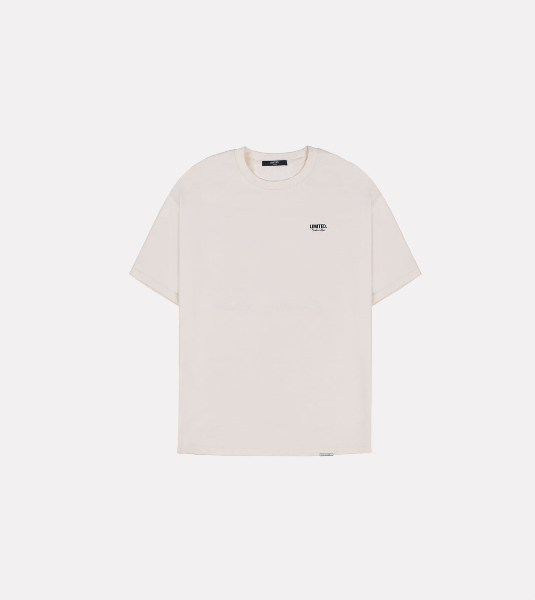 LIMITED. Oversized mens t-shirt in off-white colour with small branding on the chest printed in black.