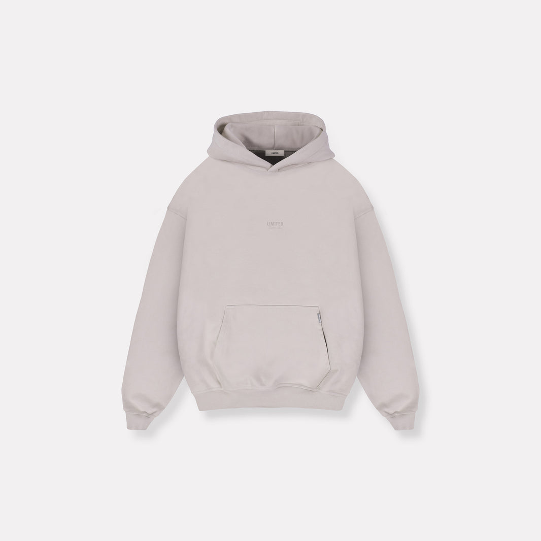 LIMITED. mens oversized front view hoodie in Ultimate Grey with small white logo and kangaroo pocket