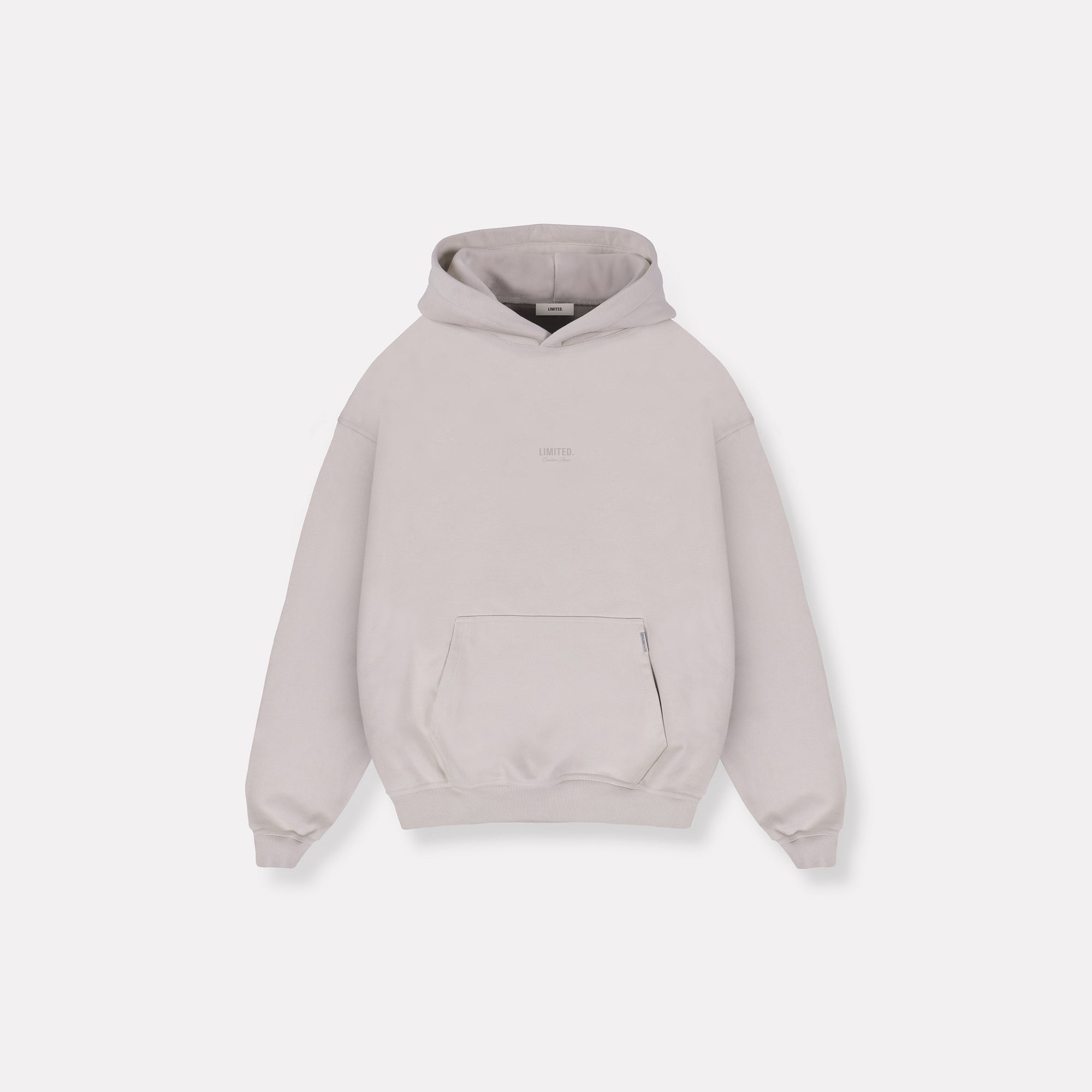 LIMITED. mens oversized front view hoodie in Ultimate Grey with small white logo and kangaroo pocket